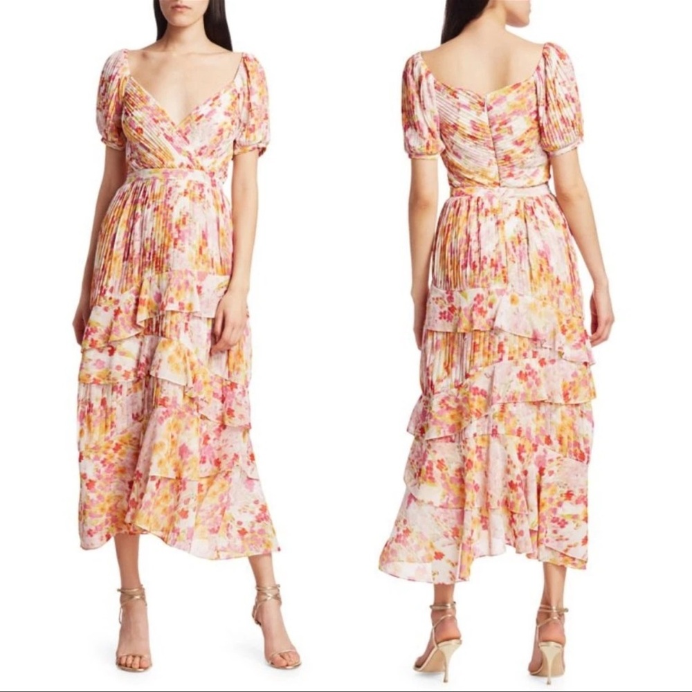 Monique Lhuillier Orange and Pink Wrap Tiered Midi Dress